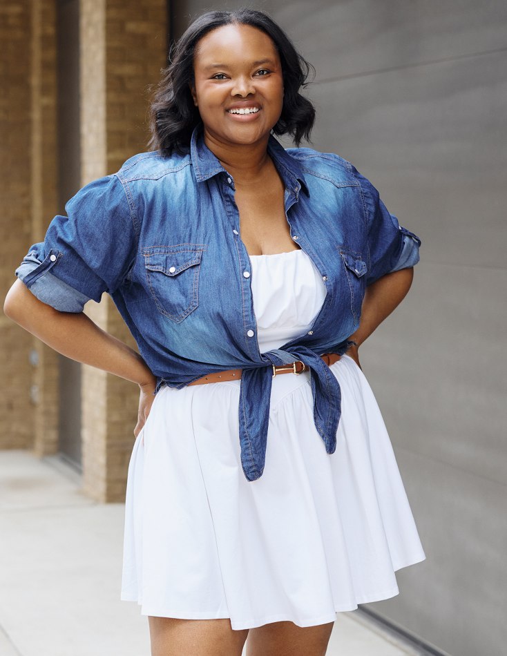 White dress and denim medium shot